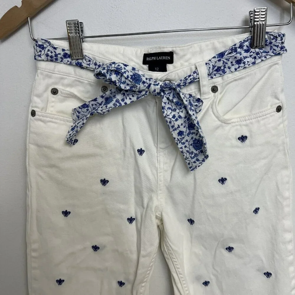 Ralph Lauren Nautical Girls White Pants Belted Blue Embroidery Boot Leg Sz 12